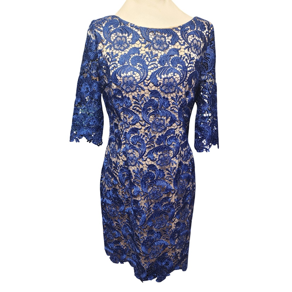 Eliza J Blue Floral Lace Sheath Dress Size 8P Cobalt Cocktail Wedding Guest